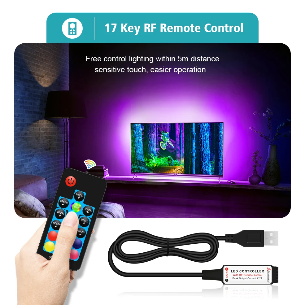 RF Remote Led Strip USB Powered DC5V 5050 SMD RGB TV Backlight Lights Bar Kit 