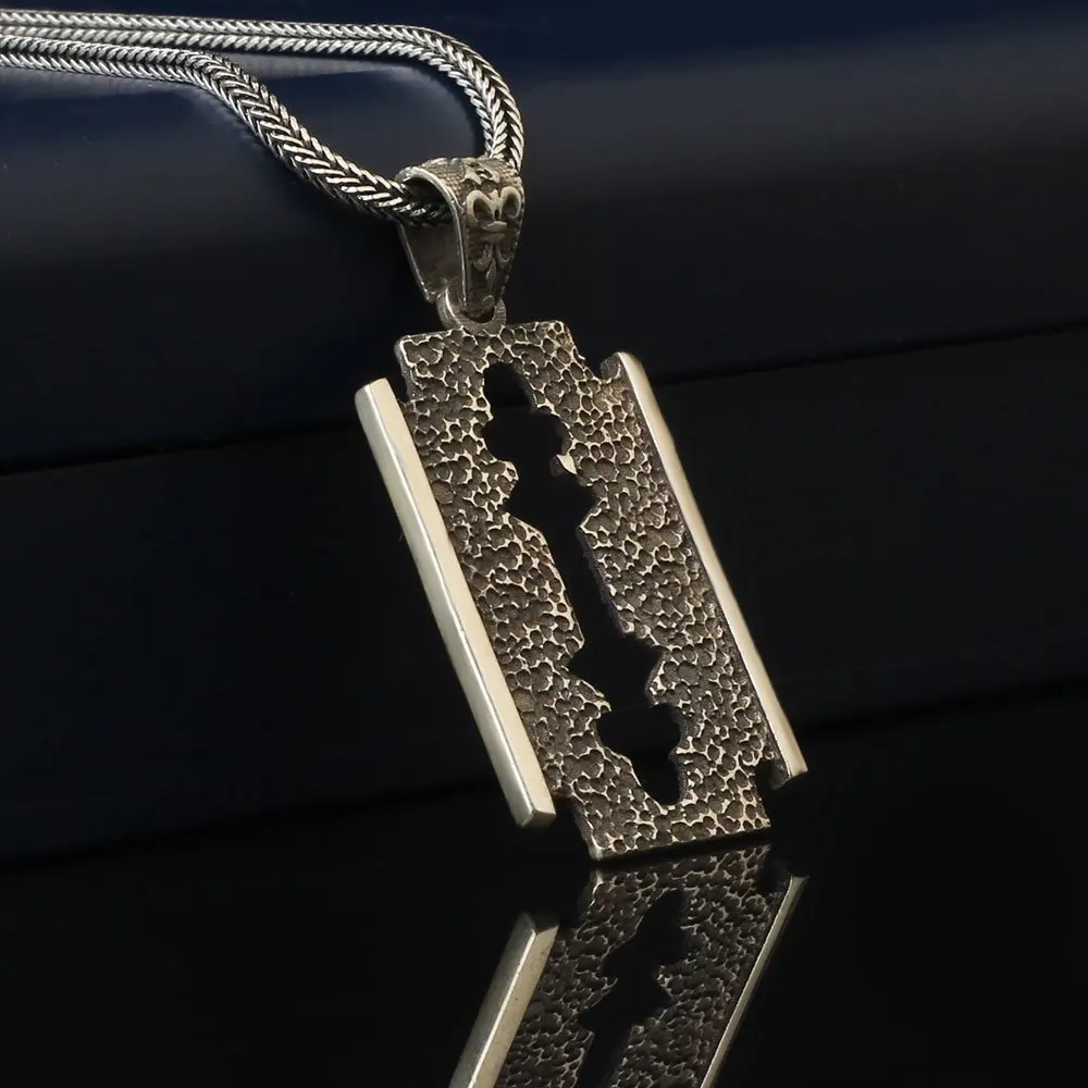 

Men's razor silvery 925 sterling silver necklace custom design handmade Made in Turkey