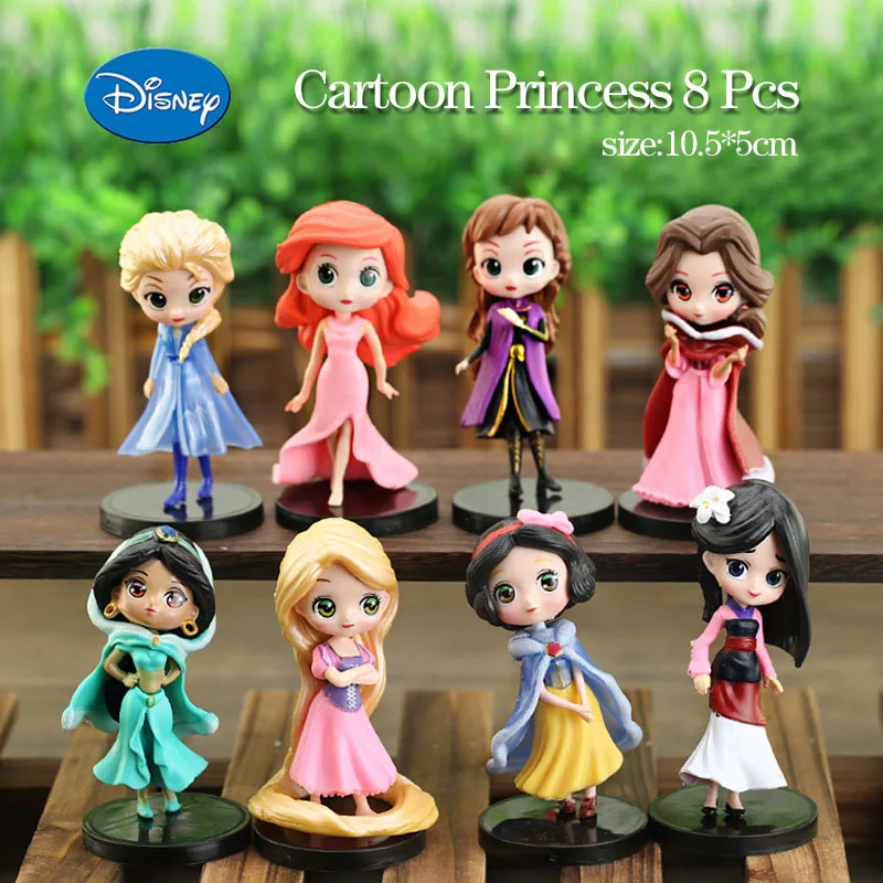 

Disney Frozen Figures Kawaii Anime Cartoon Snow White Elsa Anna Doll Cake Ornament Girl Cute Birthday Gift 8pcs Suit With Base