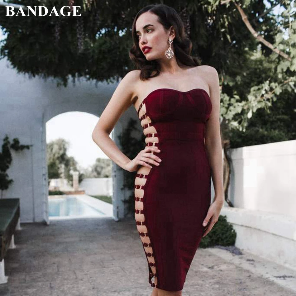 

BANDAGE Autumn Sleeveless Hollow Out Sleeveless Slit Woman Bandage Dress Strapless Celebrity Party Dress Club Wear
