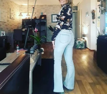 Pantalones vaqueros Vintage de cintura alta para mujer, Vaqueros largos, elásticos, ajustados, acampanados