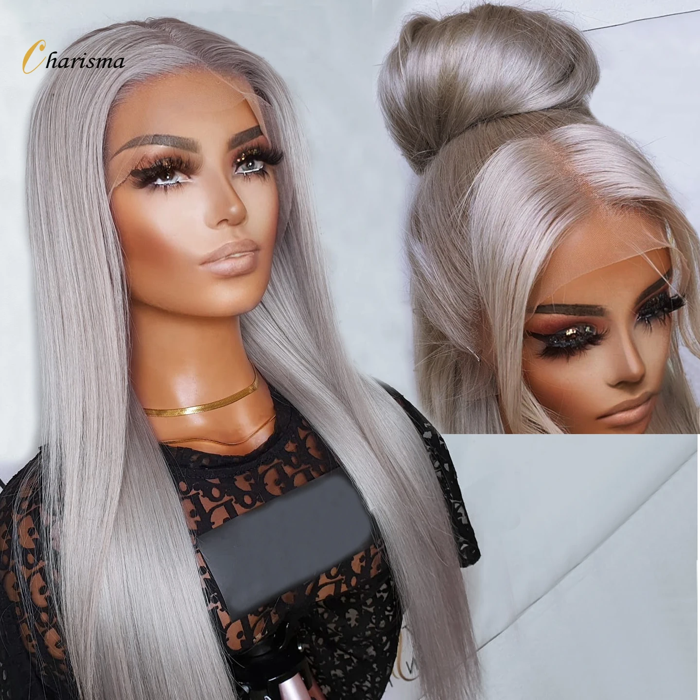 Charisma Gray Synthetic Lace Wigs Long Straight Heat Resistant Lace Front Wig Grey Wigs Natural Hair Wigs for Women Cosplay Wig