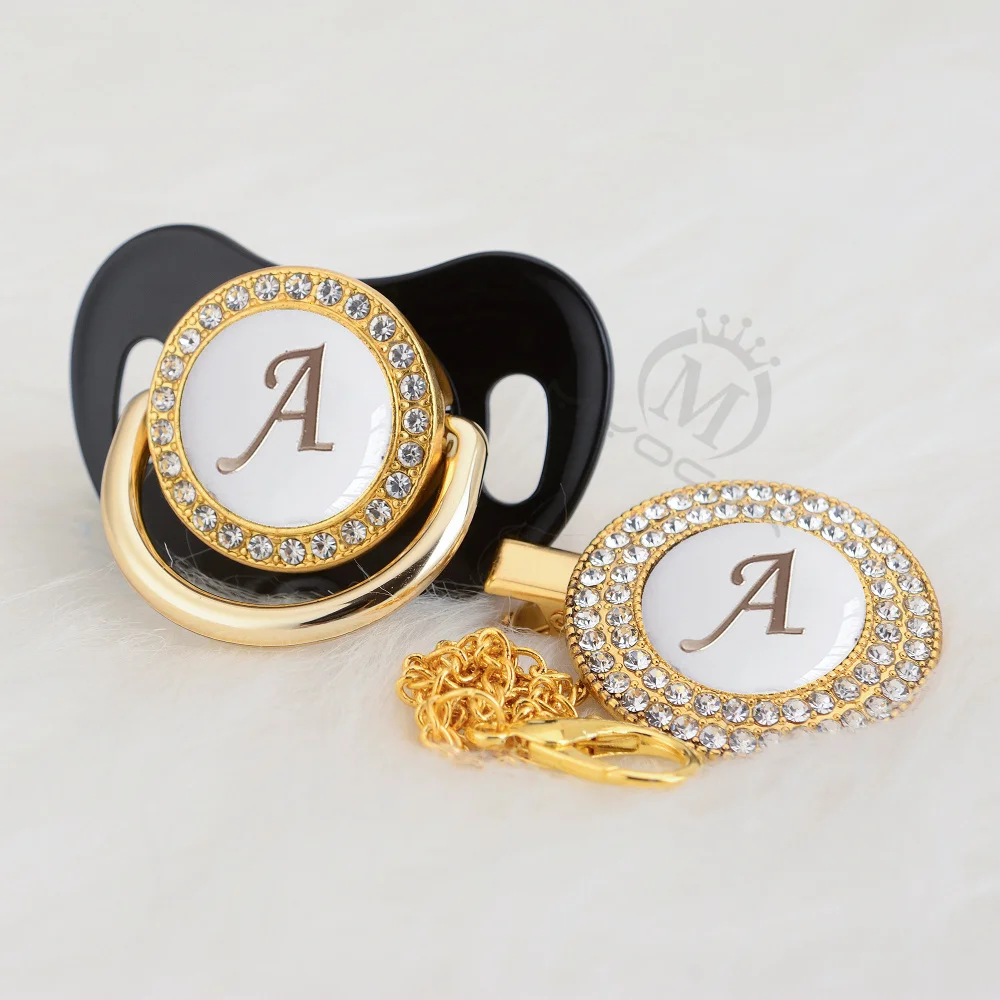 MIYOCAR Gold silver name Initials letter white elegant A beautiful bling pacifier and pacifier clip BPA free dummy bling LA-W