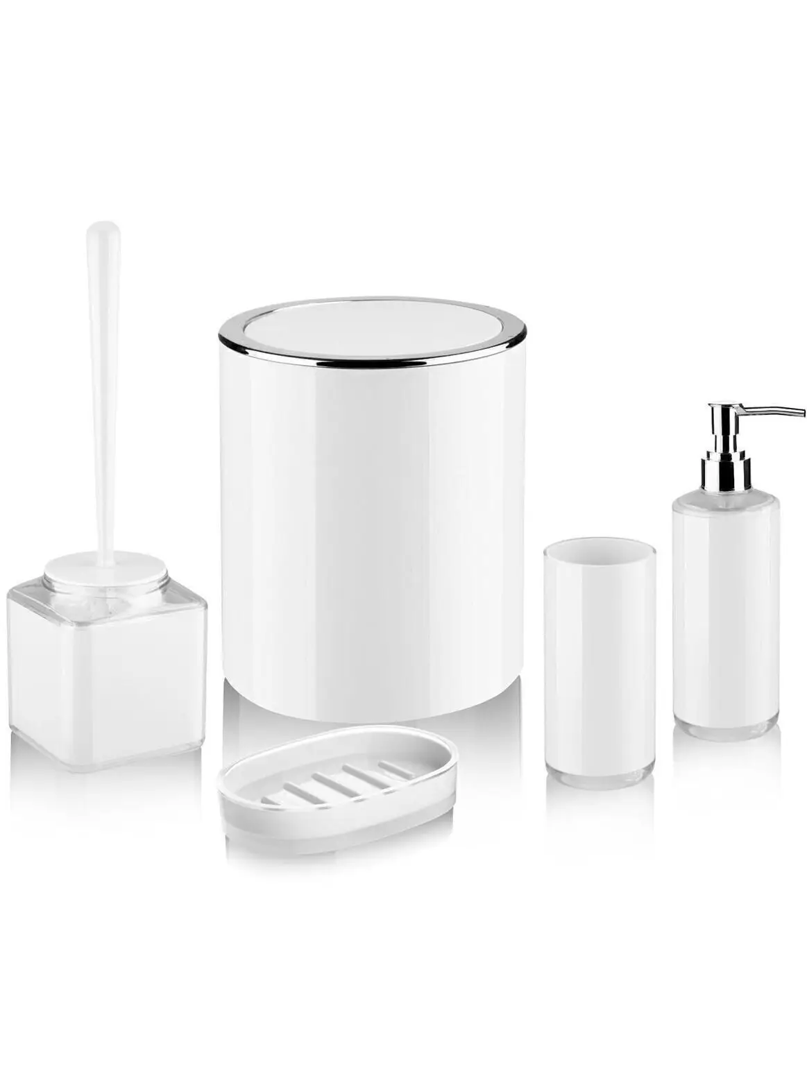 

Quality Lux 5 Pcs Pure White Bathroom Accessories Set Toothbrush Holder Toilet Brush Liquid Soap Dispenser Soapholder Trash Can