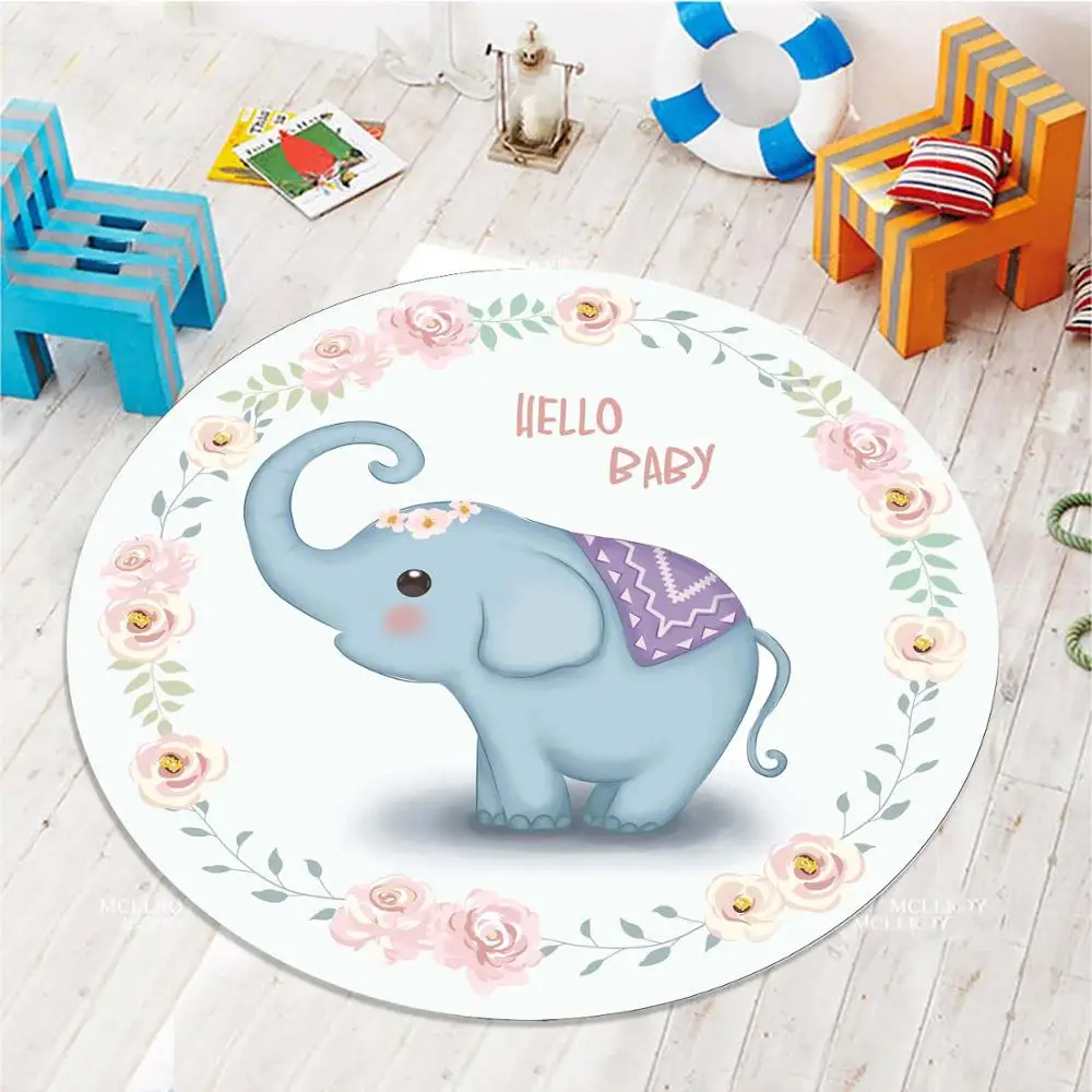 

Else Blue Little Lovely Elehants Pink Flowers 3d Pattern Print Anti Slip Back Round Carpets Area Rug For Kids Baby Children Room