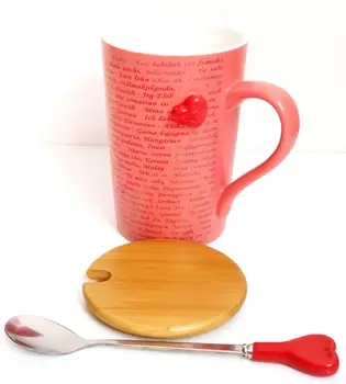 

I Love You Written in One Hundred Languages Pink Porcelain Mug, With Lid, With Heart Tea Spoon
