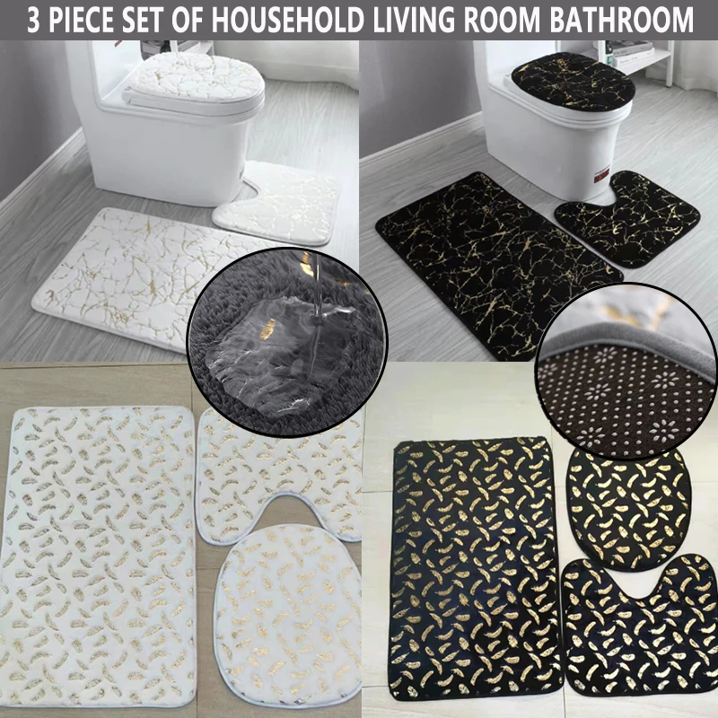 3-piece Household Bathroom Toilet Mat Set Golden Printing Non-slip Carpet Shower | Дом и сад