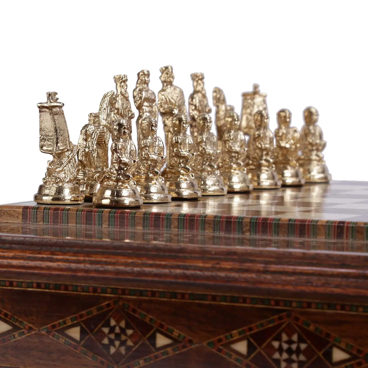 US $444.90 Historical Troy Figures Metal Chess Set for Adult Handmade Pieces Octagon Natural Solid Wooden Chess Board Storage Inside