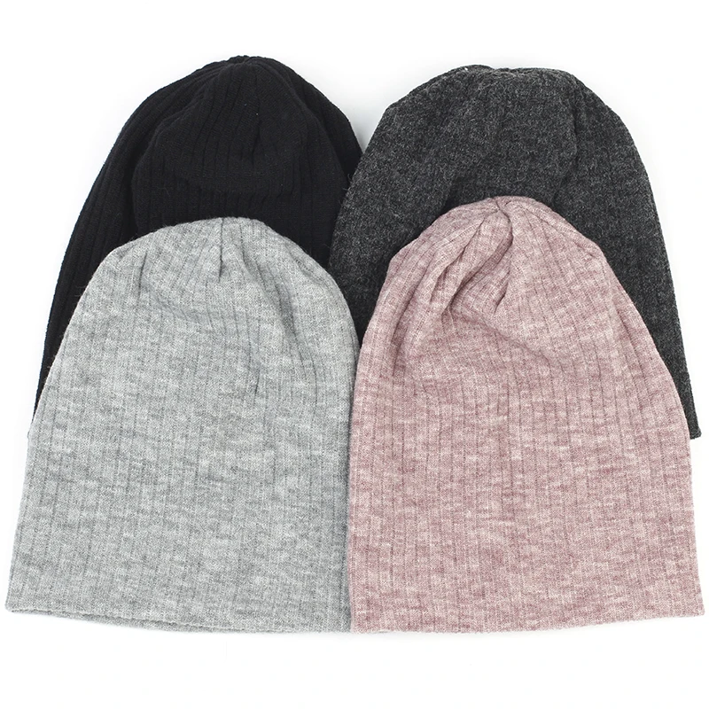 Women Plain Cotton Ribbed Beanies Hat Autumn Winter Warmer Knitted Hats Ladies Stretch Slouchy Striped Baggy Skullies Cap 1