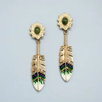 

Long earrings gold feather with green enamel (52685)