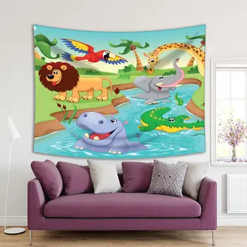 

Tapestry Cartoon Happy Animals by River African Wild Nature Elephant Giraffe Lion Fun Illustration Blue Green