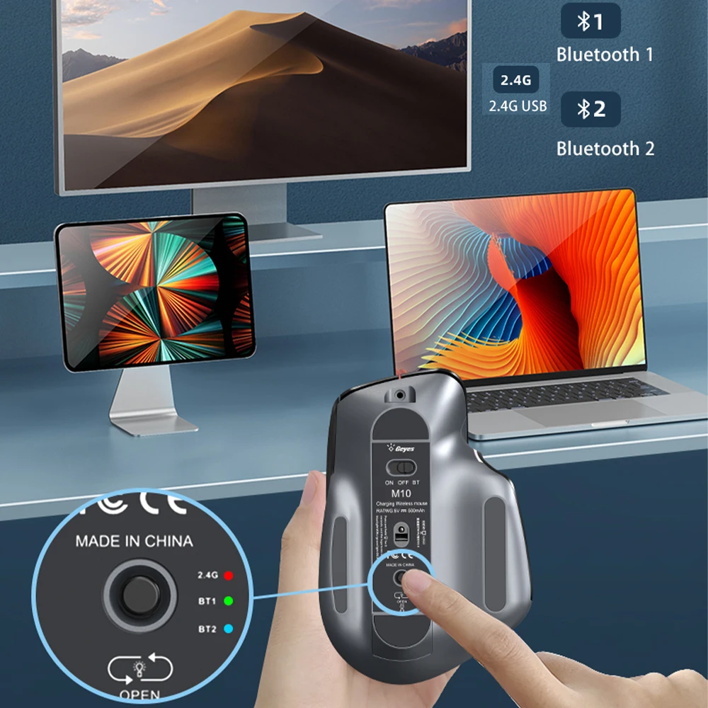 Mouse sem Fio para Jogos com Luzes Coloridas Recarregável Ergonômico Escritório pc Laptop 2.4g Bluetooth 10000dpi - Imagem 6