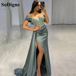 SoDigne Modern Elastic Satin Evening Dresses Off The Shoulder lace A Line Side Split Formal Prom Gown Women Special Occasion Dre