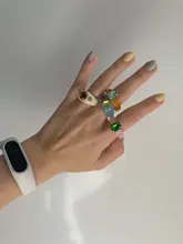 HUANZHI-Conjunto de anillos redondos de resina acrílica para mujer, colorido, Diamante de imitación cuadrado geométrico, regalo de viaje, 2021