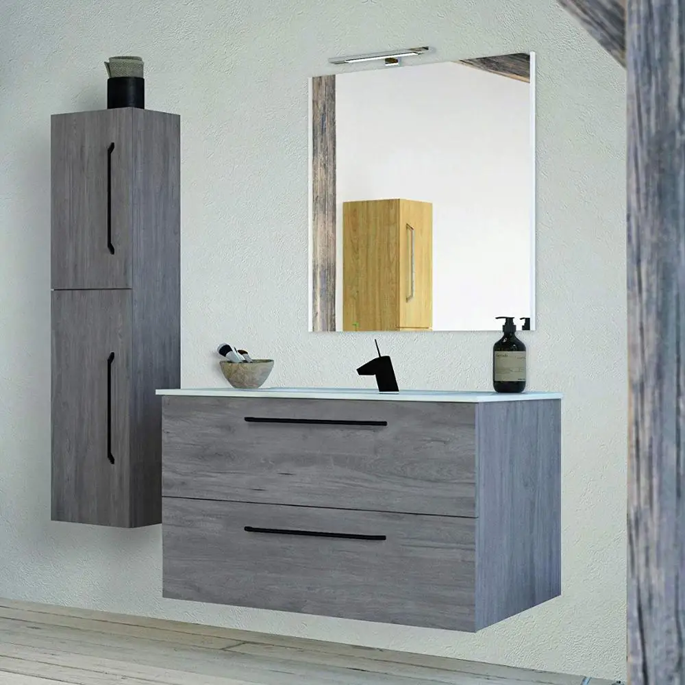 100 cm Modern Bathroom Vanity Dakota | Oak tree wood melamine Black handles x 64 46 Wall Mounted