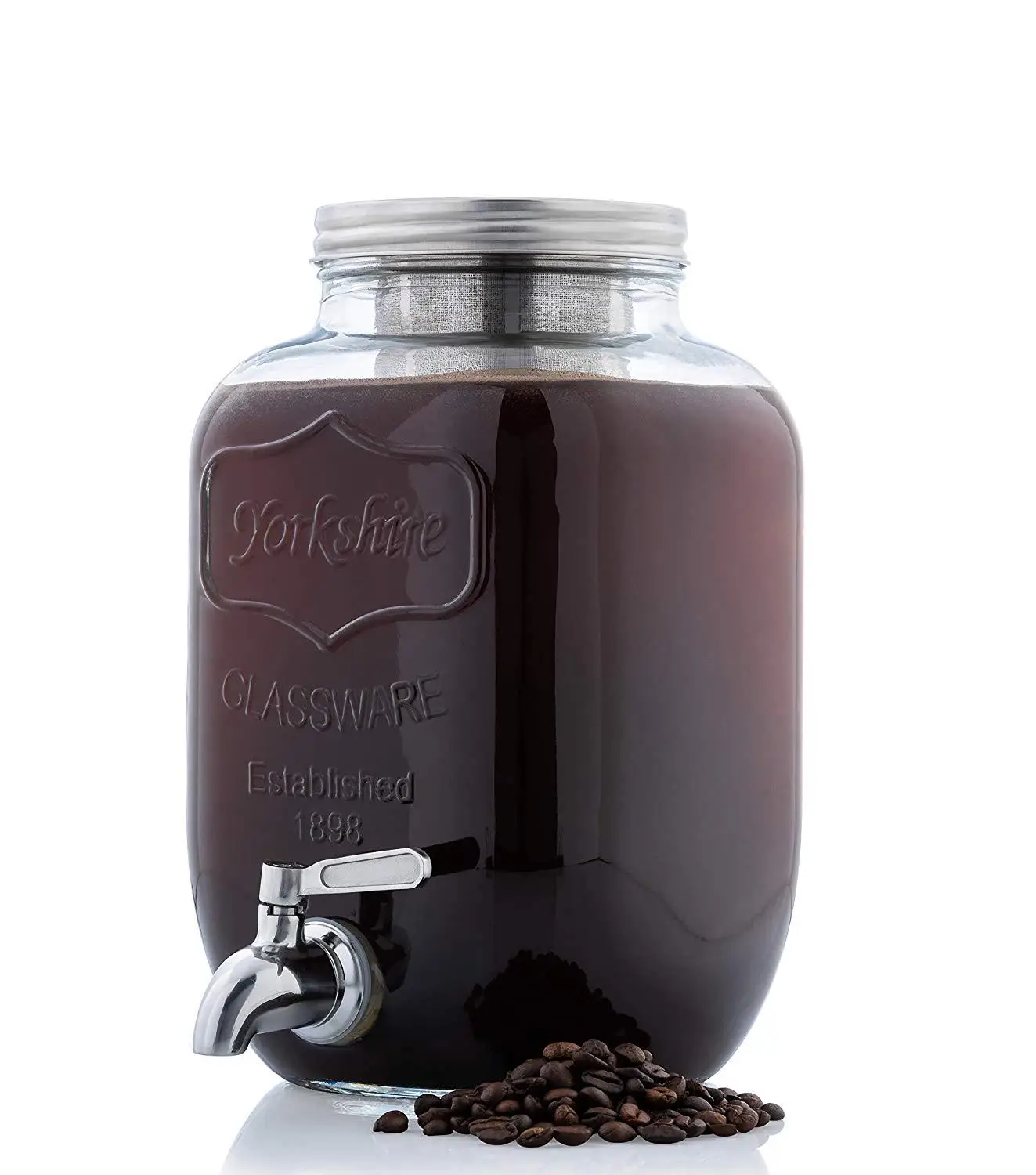 

Cold Brewed Coffee Machine (1 Gallon) Easy to Pour Stainless Steel Tap Tap, Removable Fine Mesh Filter | Glass Pot Brewing Syste