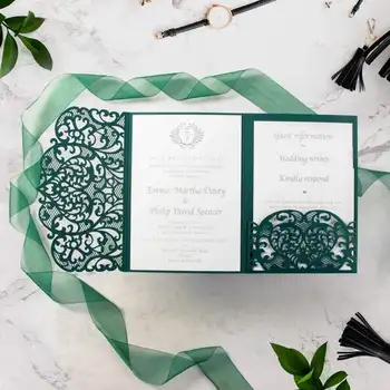 

50 or 100 Cards Pack Lace Green Forest Laser Cut Wedding Invitation with Template Floral Folded Invitations Printable DIY KIT!