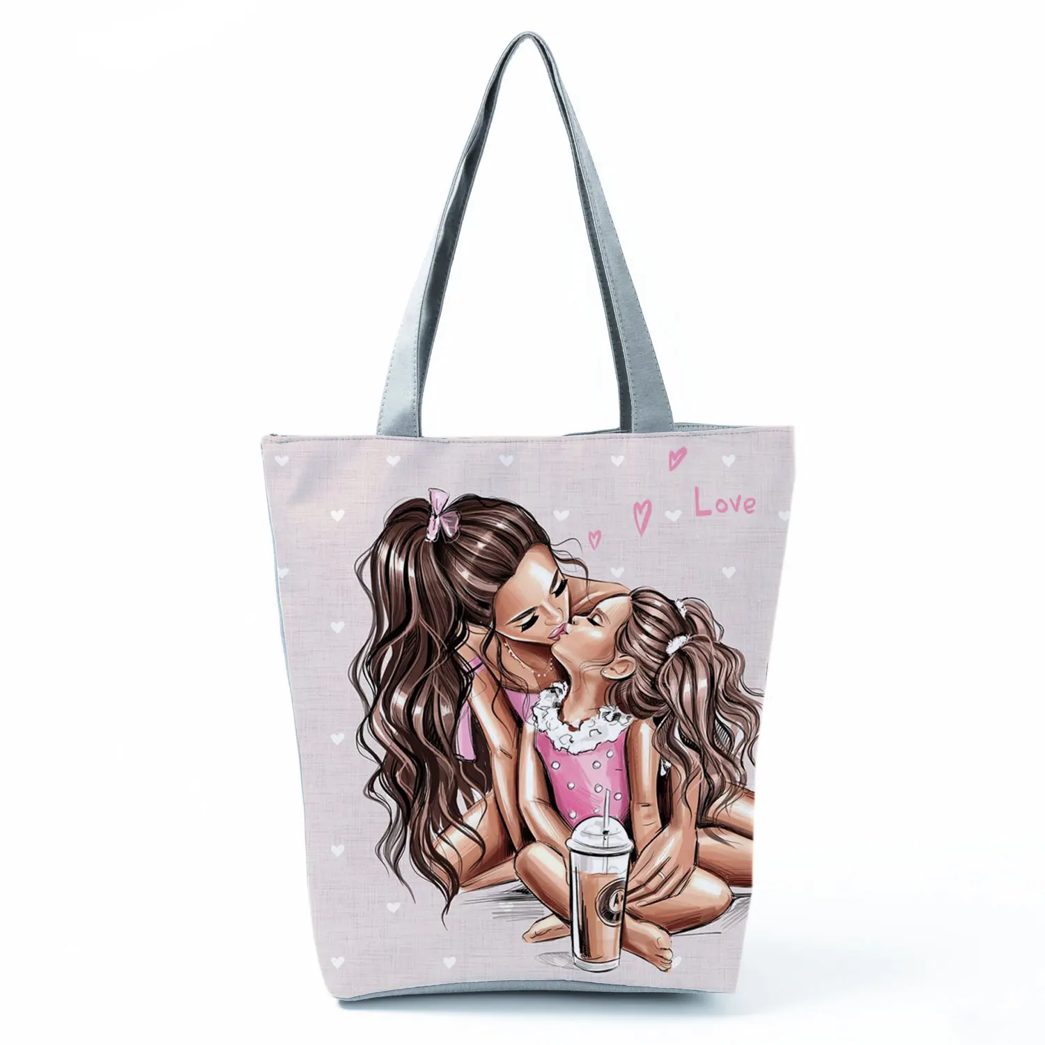 Cute Cartoon Super Mama Print Linen Tote Bag Reusable Shoulder Bags Mom And Baby Fold Women Casual Handbags Lady Fabric Totes