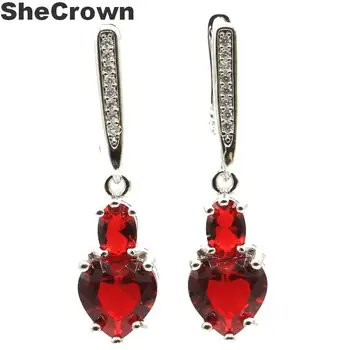 

34x8mm SheCrown Hot Selling Super Cute Heart Shape Created Red Blood Ruby Gift For Sister Silver Earrings
