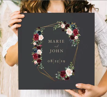 

Personalized Wedding Guest Book, real gold custom Guestbook with Geometric Frame and Burgundy Florals Baby shower journal