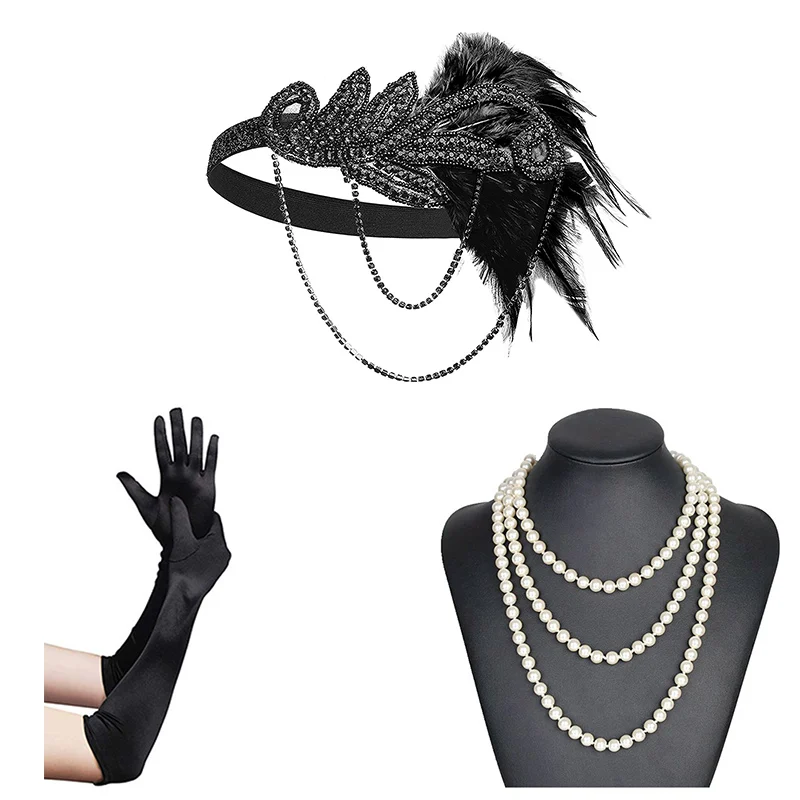20s головной убор винтаж 1920s головная повязка хлопушка грейт гэтсби(шампань - Цвет: black set