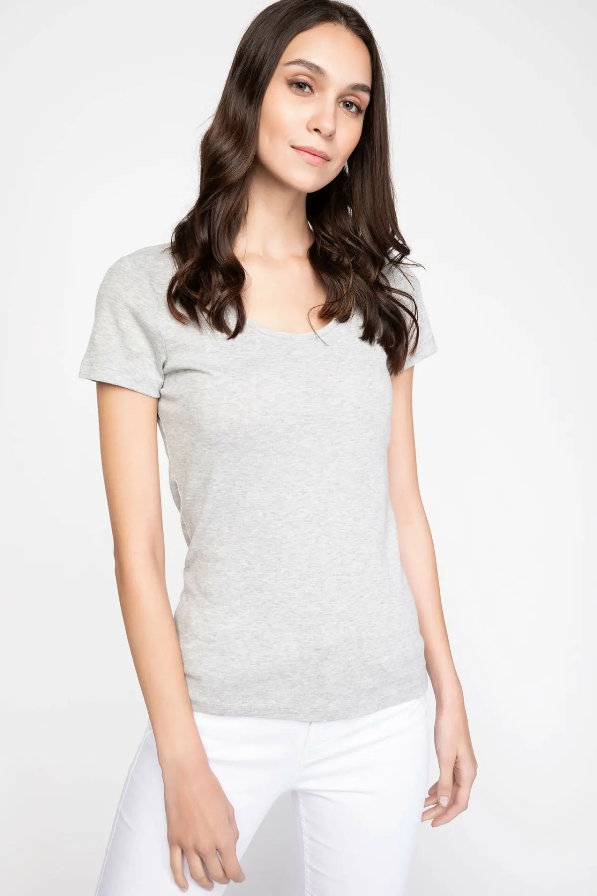 

DeFacto Woman U-neck Short Sleeve T-Shirt Women Summer Spring Grey Pink Color Top Tees Women Casual Cotton Tops-G5768AZ17SP