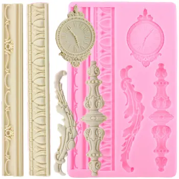 

Baroque Relief Pillar Clock Silicone Mold Fondant Mould Cake Border Decorating Tools Chocolate Mould Candy Polymer Clay Moulds