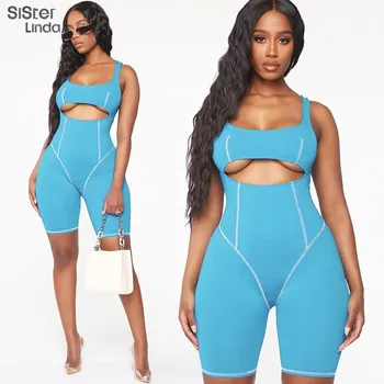 

Sisterlinda Fashion Women Skinny Jumpsuit Sexy Hollow Out Romper Female Jumpsuits Sleeveless Stripe Sport Bodysuit Jumpsuits2020