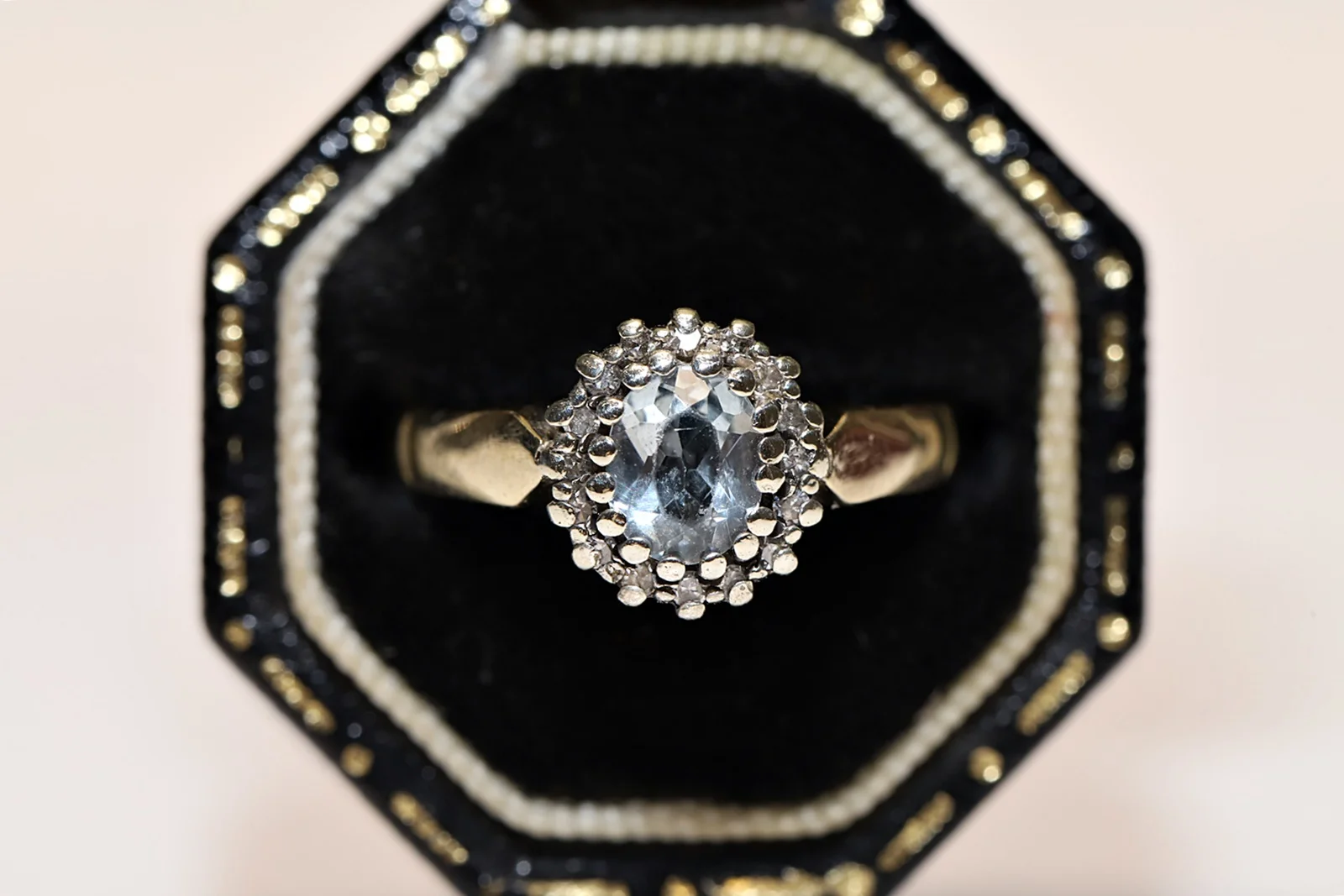 

Antique Victorian 9k Gold Natural Diamond Aqua Marine Decorated Pretty Ring