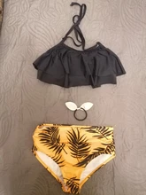 Bañador de 5 a 14 años para niña, traje de baño para niña con estampado de hojas, Bikini de chica adolescente, traje de baño con Top de cuello Halter para niña Falbala