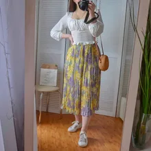 REALEFT-faldas largas plisadas con estampado Floral para mujer, faldas largas de tul, de cintura alta, sueltas, para primavera y verano, 2021