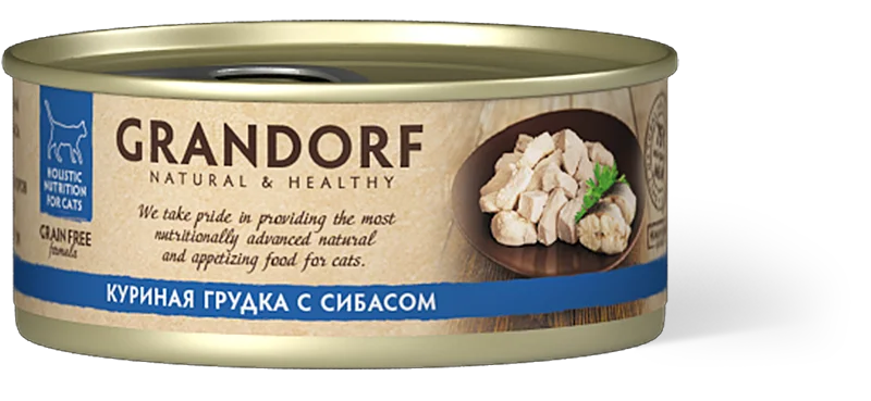 Куриная Грудка с сибасом - GD 02 Корм для кошек Грандорф, Банка 70 гр, Grandorf - Цвет: Куриная Грудка с сибасом - GD 02