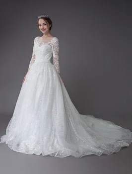 شراءفساتين زفاف كم طويل شريط ترتر زين الوهم زي العرائس مع قطار