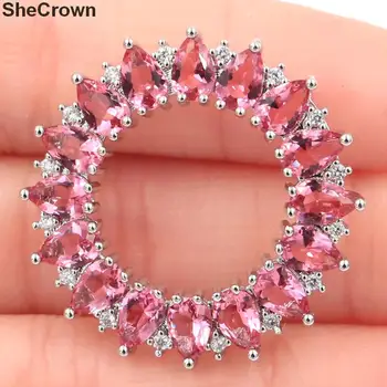 

31x31mm Romantic Round Shape Created Pink Tourmaline White CZ Woman's Jewelry Making Silver Pendant