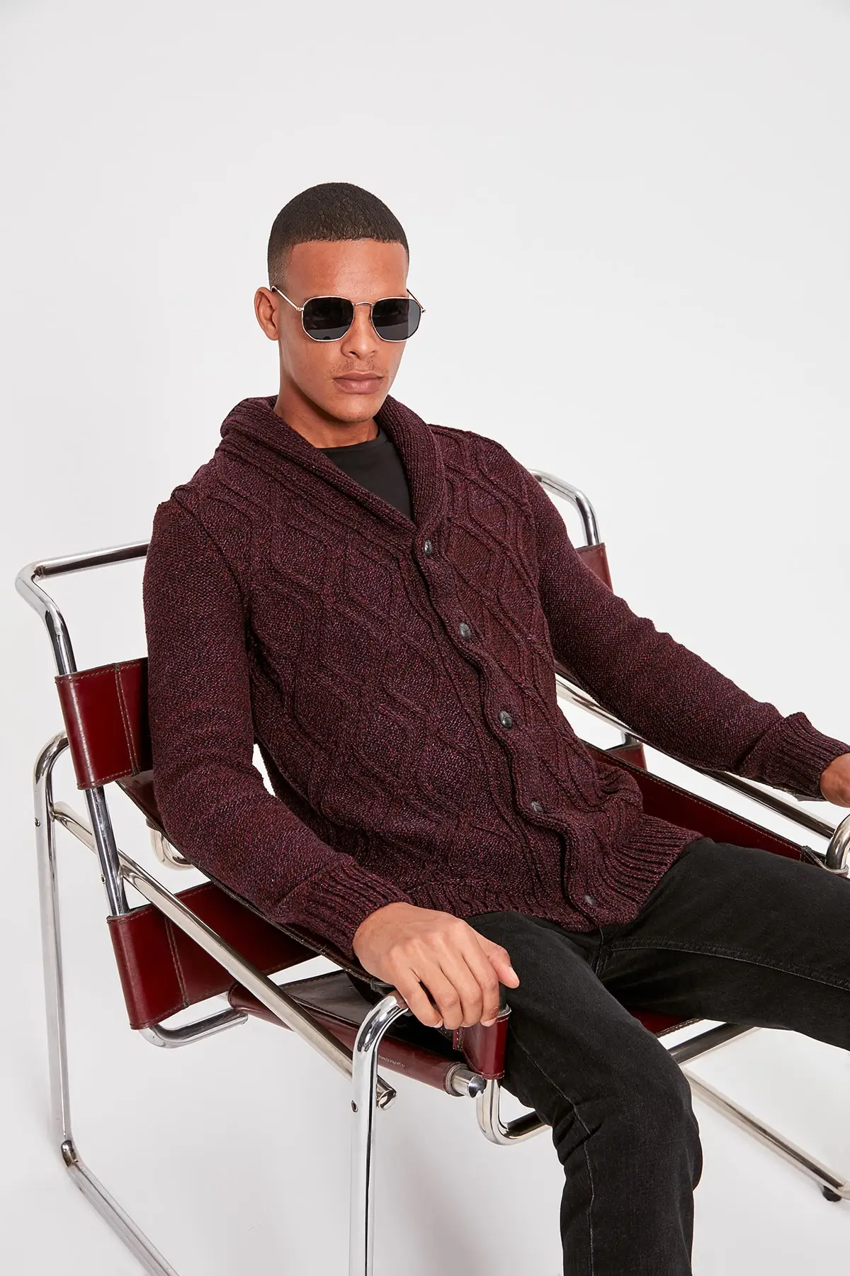 

Trendyol Burgundy Men 'S Braided Hair Shawl Collar Sweater Cardigan New TMNAW20HI0098