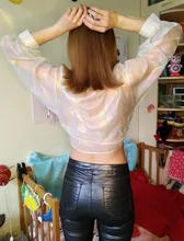 Blouse Shirt Buttons Half-Sleeve Transparent Spring Women Shining HELIAR Chiffon 