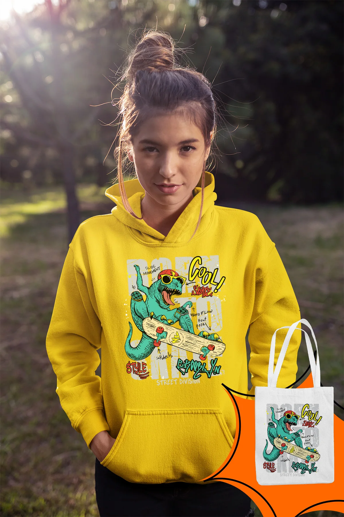 Angemiel Wear Vicinity Skateboarder Dinosaur Yellow Women 'S Hooded Sweatshirt Bags Kombin | Женская одежда