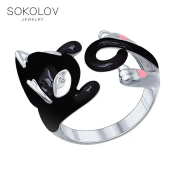 

Sokolov black cat ring in silver, fashion jewelry, 925, women's male