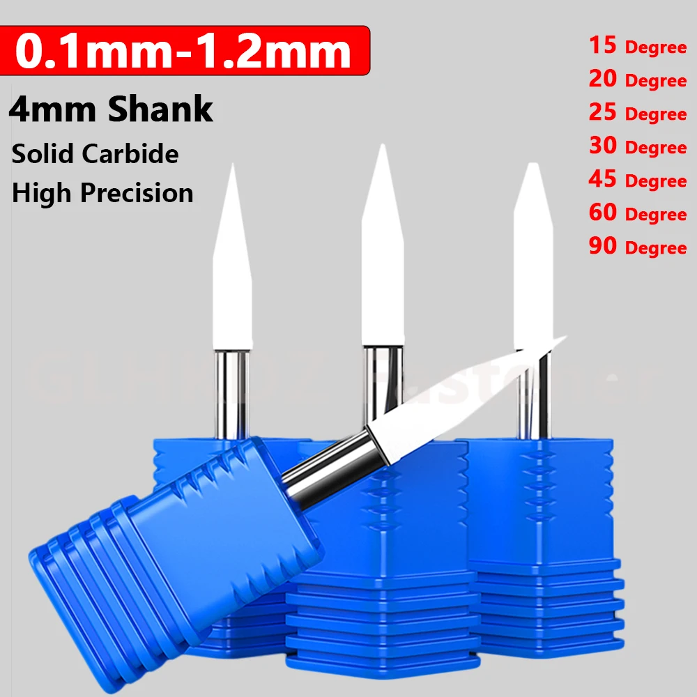 

4mm Shank Ø 0.1-1.2mm 15/20/25/30/45/60/90 Degree V-shape High Precision Solid Carbide Engraving Bit CNC Router Tool Cutter Wood
