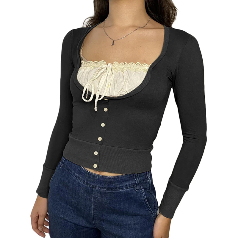 Korean Cute Y2K Retro Cotton Tops Lace Patchwork Buttons Kawaii Tshirts Autumn Square Collar Chic Casual Shirts