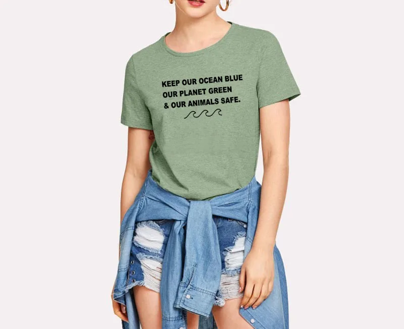 

Keep our ocean blue our planet greenPrinted New Arrival Women's Summer Funny Casual 100%Cotton T-Shirt Environmentalist shirt
