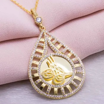 

925 Sterling Silver Gold Plated Tuğralı Drop Necklace Model 7