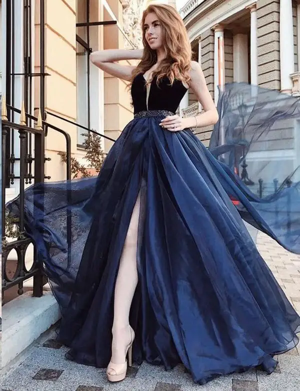 CloverBridal A Line Navy Blue Evening Gown Deep V Neck Tulle Long Prom Dress  with Beading платье на выпускной WE9588|Evening Dresses| - AliExpress