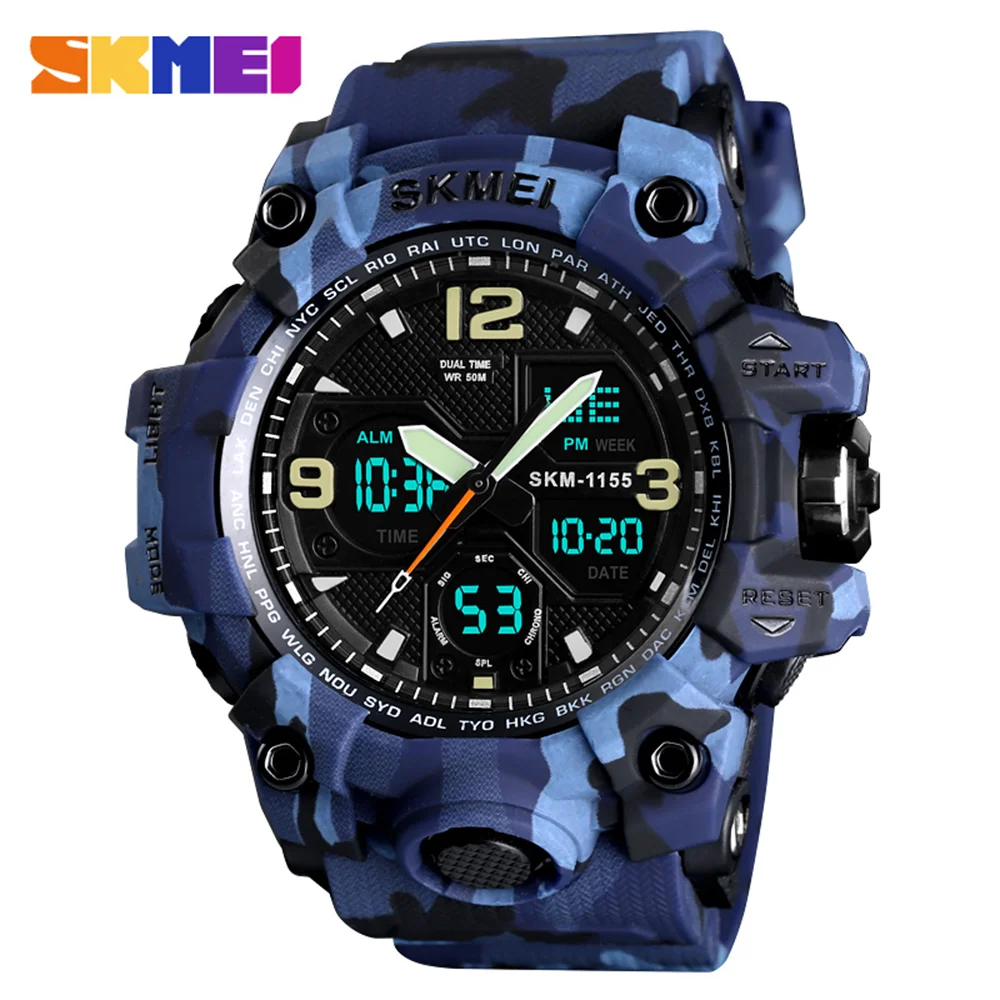 Blue Camouflage SKMEI 1155B кварцевые мужские часы цифровые электронные мужские часы модные повседневные спортивные мужские наручные часы водонепроницаемые - Цвет: Blue Camouflage