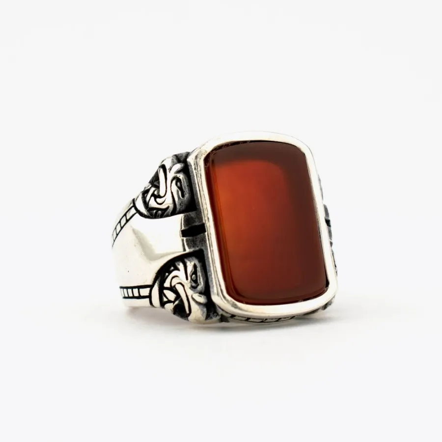 New Authentic Sterling Silver Antique Turkish Rectangle Agate Double Eagle Master Hand Ring Men's Rustic Hallmarked Male Jewelry