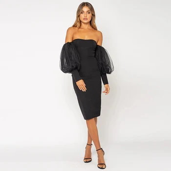 

Dress Women Summer Off Shoulder Long Sleeves Lantern Sleeve Mesh Knee Length Black SexyVestido Feminino Clothes Women Dresses
