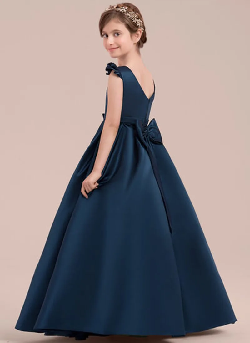 Бальное платье Длина пола платье девушки цветка-атласное без рукавов Совок с луком(ами