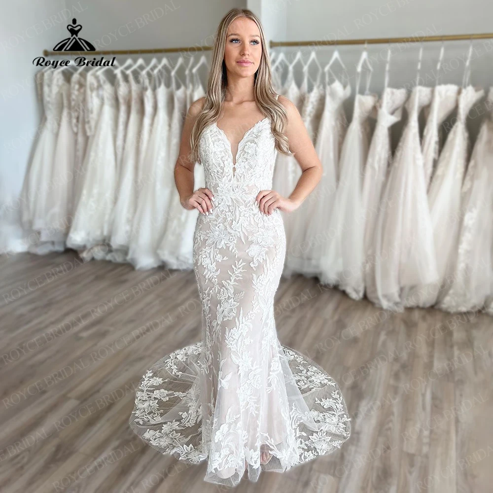 

Vintage Lace Tulle Mermaid/ Trumpet Wedding Dresses Sexy Backless Spaghetti Strap Soft Bridal Gowns Sleeveless robe de soiree