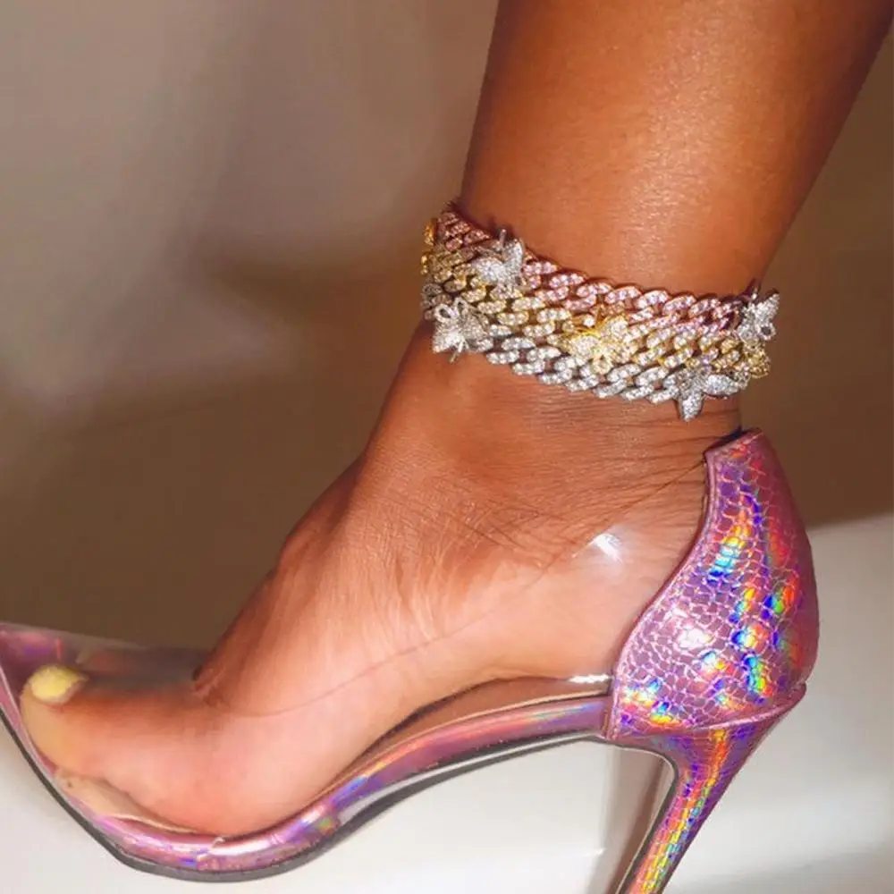 1pcs Hip Hop Jewelry Iced Out Butterfly Anklet Crystal Cuban Chain for Women Fashion Bling Butterfly Charm Anklet Foot Jewelry 1pcs Hip Hop Jewelry Iced Out Butterfly Anklet Crystal Cuban Chain for Women Fashion Bling Butterfly Charm Anklet Foot Jewelry