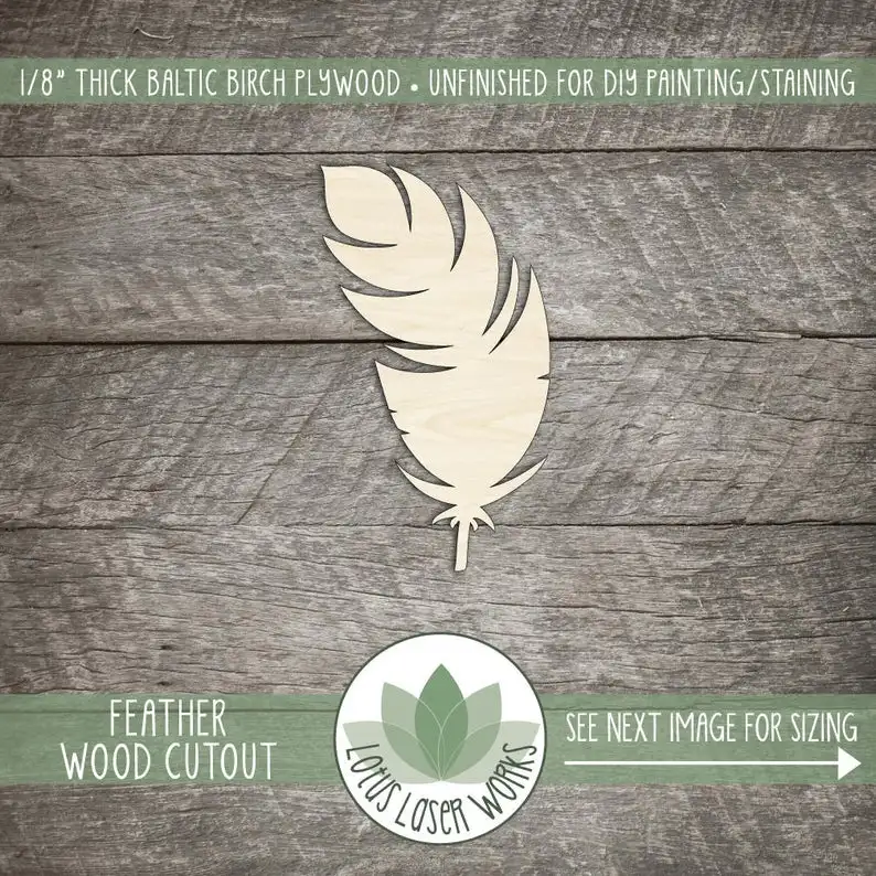 

Wood Feather Shape, Unfinished Wood Feather Laser Cut Shape, DIY Craft Supply, Many Size Options, Blank Wood Shapes